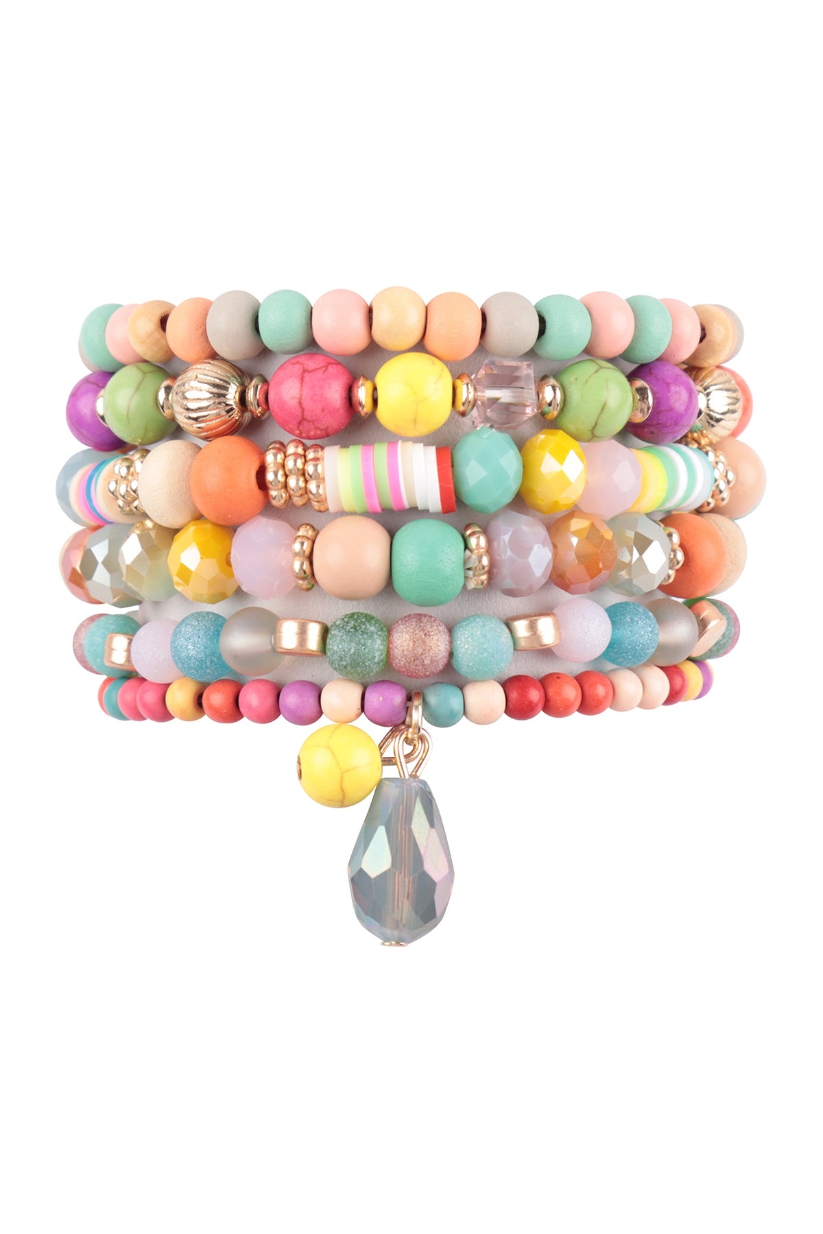 6-Pack Multicolor Stretch Bracelet Set with Natural Stone and Wood Charms