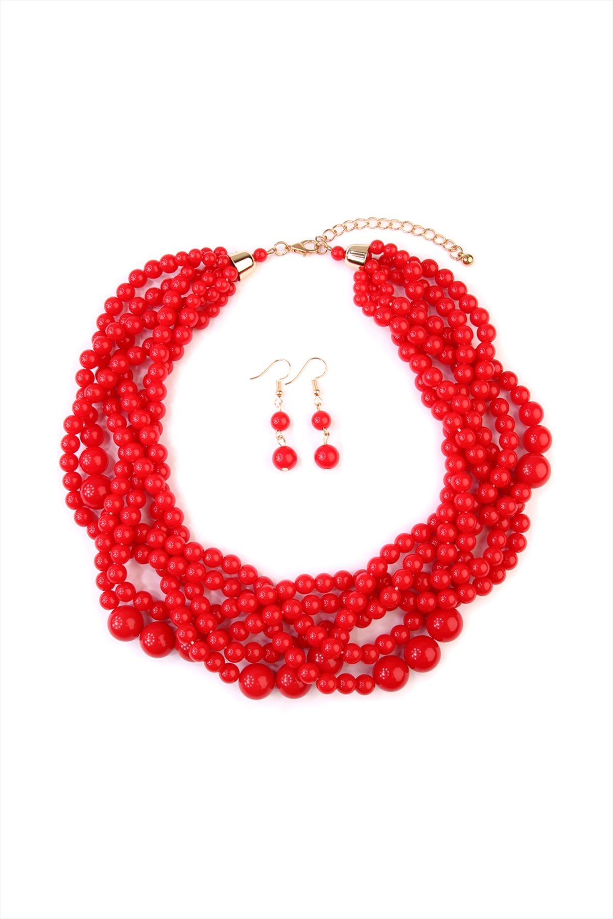 Red Multiple Strand Bubble-style Choker Necklace and Earring Jewelry Set - Pack of Six Pieces
