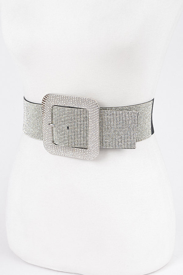 Set of 6 - 4568 Black Clear Rhinestone Buckle Elastic Belt