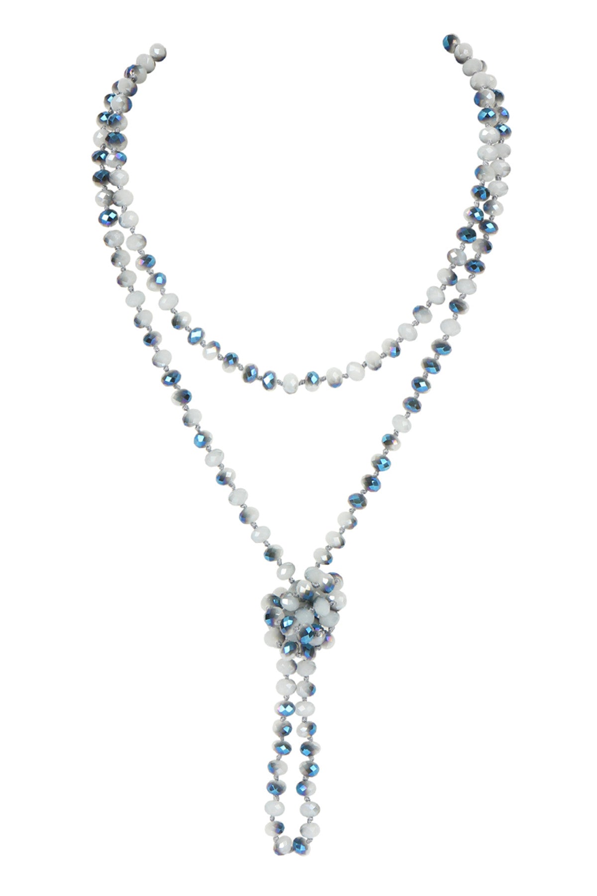 Set of 6 Hand - Knotted Gray - Blue Longline Glass Bead Necklaces