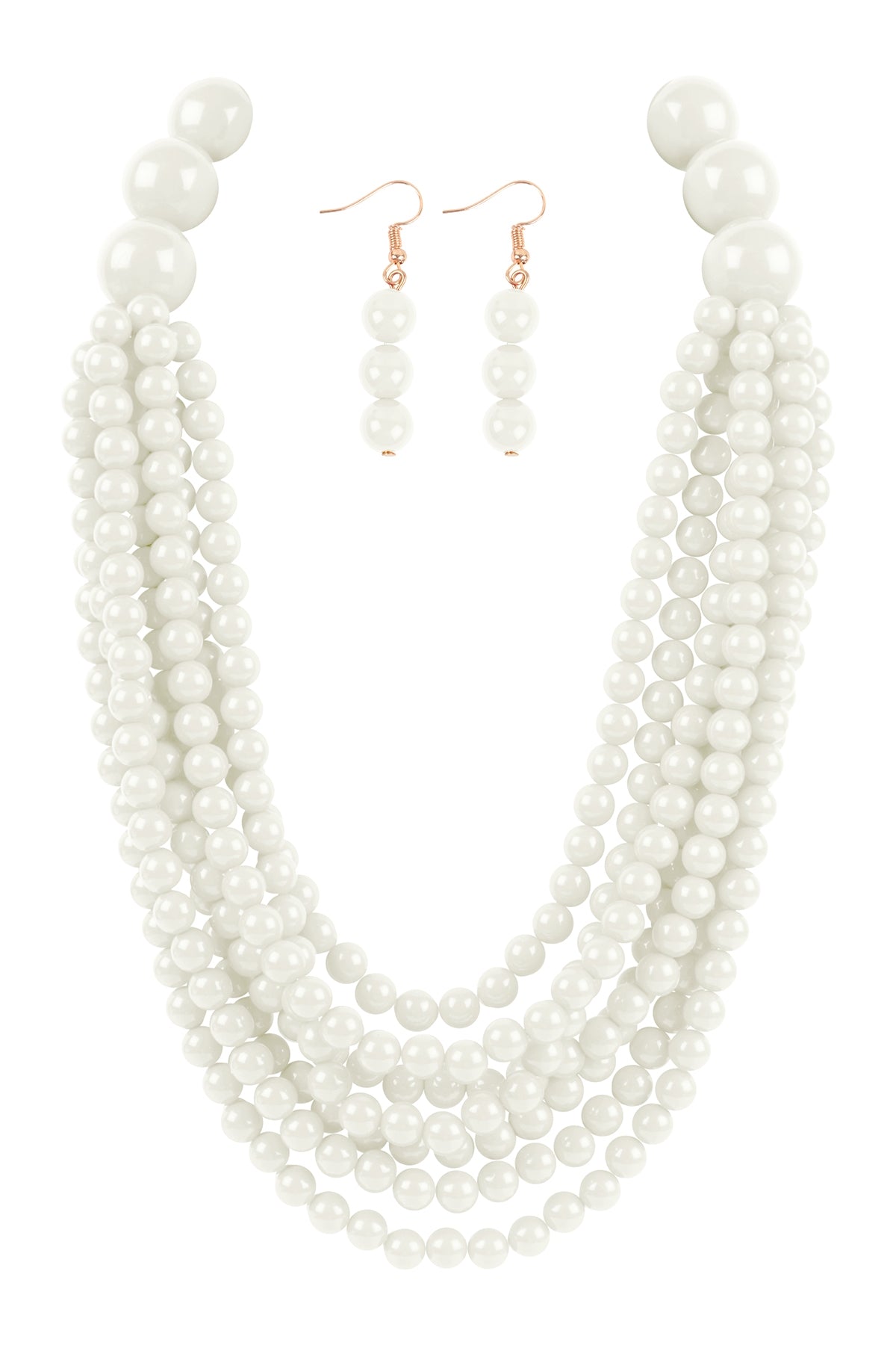 Exquisite Round Bead Layered Statement Necklace and Earring Set in White - Pack of Six Pieces