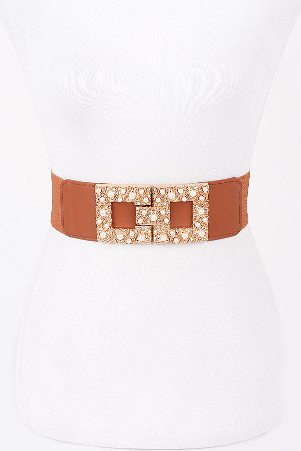 Set of 6 Pearl Metal Buckle Elastic Belts, Model 9088 Camel