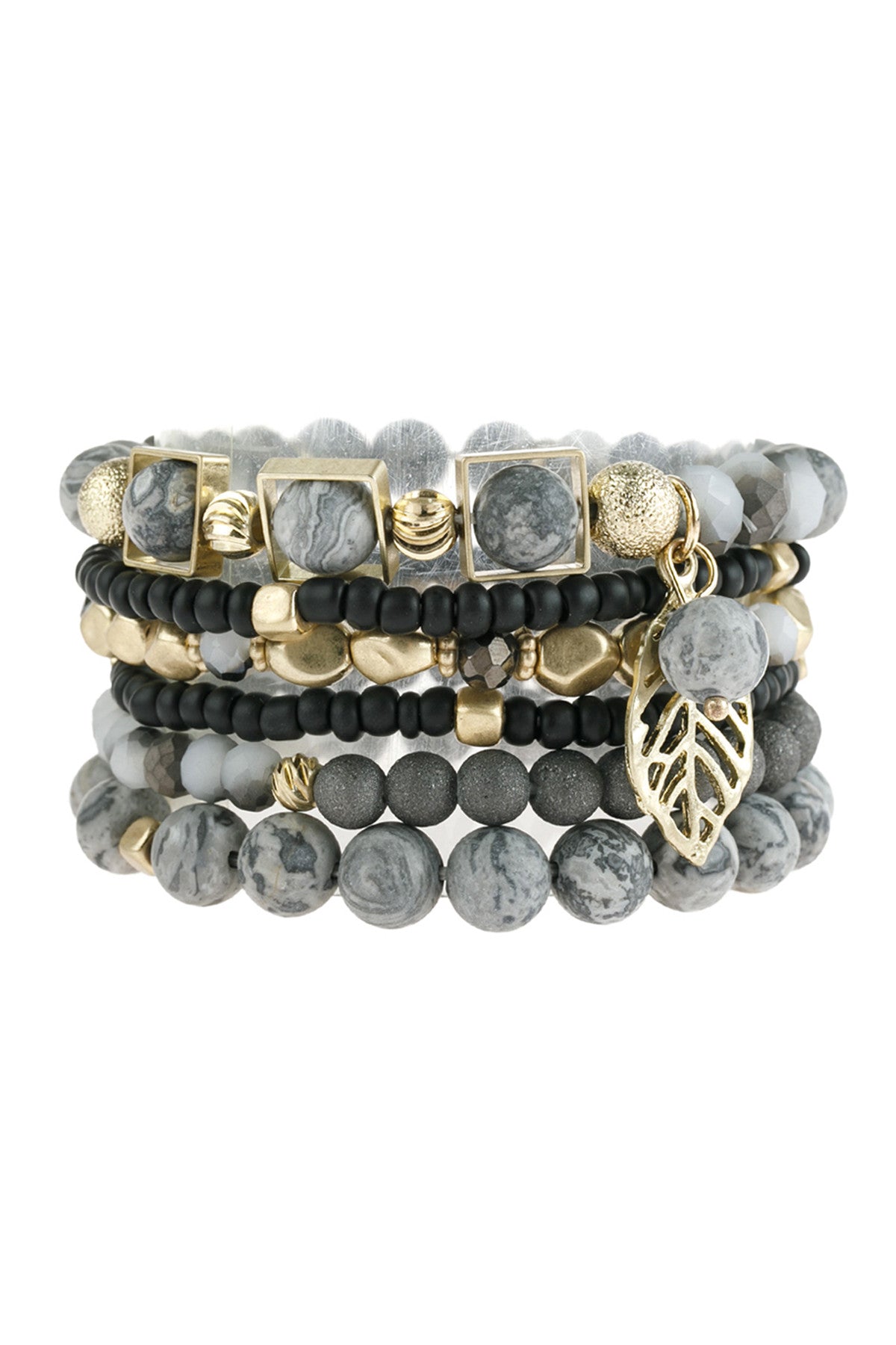 Set of 6 Jet Black Natural Stone and Acrylic Bead Mixed Leaf Charm Stretch Bracelets for Women