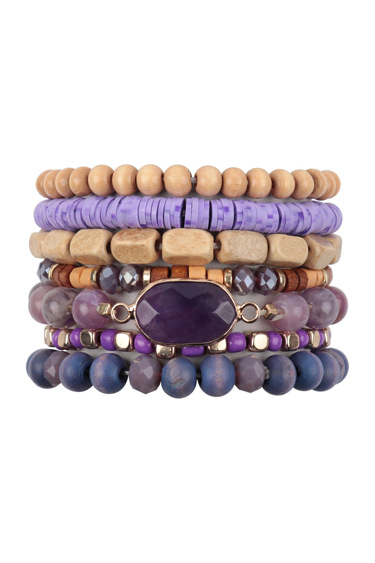 Stackable Purple Charm Bracelet with Layered Wood, FIMO, Rondelle Mix Beads - Pack of 6