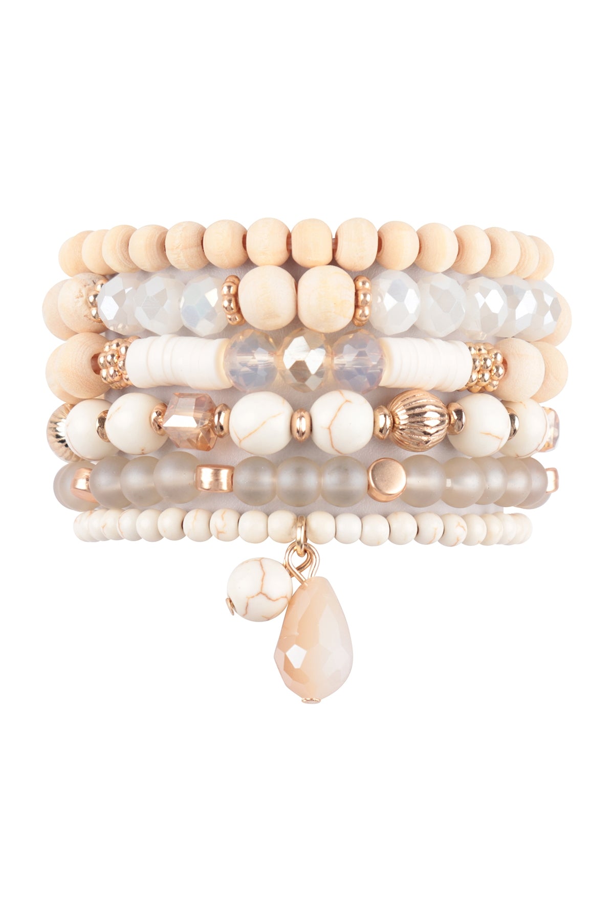 Set of 6 Natural Stone and Wood Charm Stretch Mix Beads Bracelets