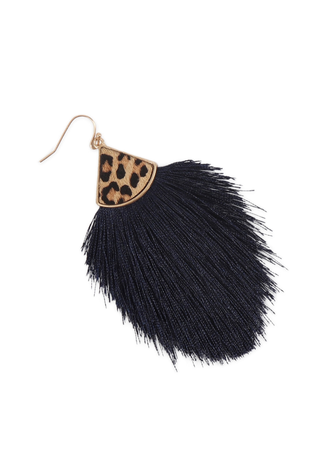 Navy and Leopard Patterned Genuine Leather Tassel Hook Style Earrings - Set of Six Pieces