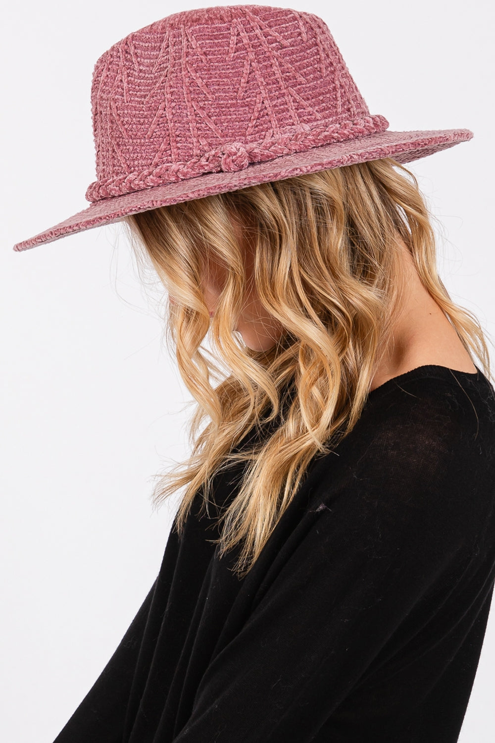 Mauve Chenille Patterned Fedora Hats with Braided Bands - Pack of Six Fashionable Headwear