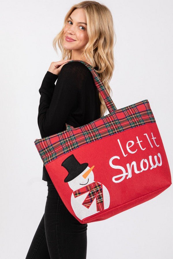 Set of 3 Festive Red 2620 Let It Snow Letter Snowman Christmas Tote Bags