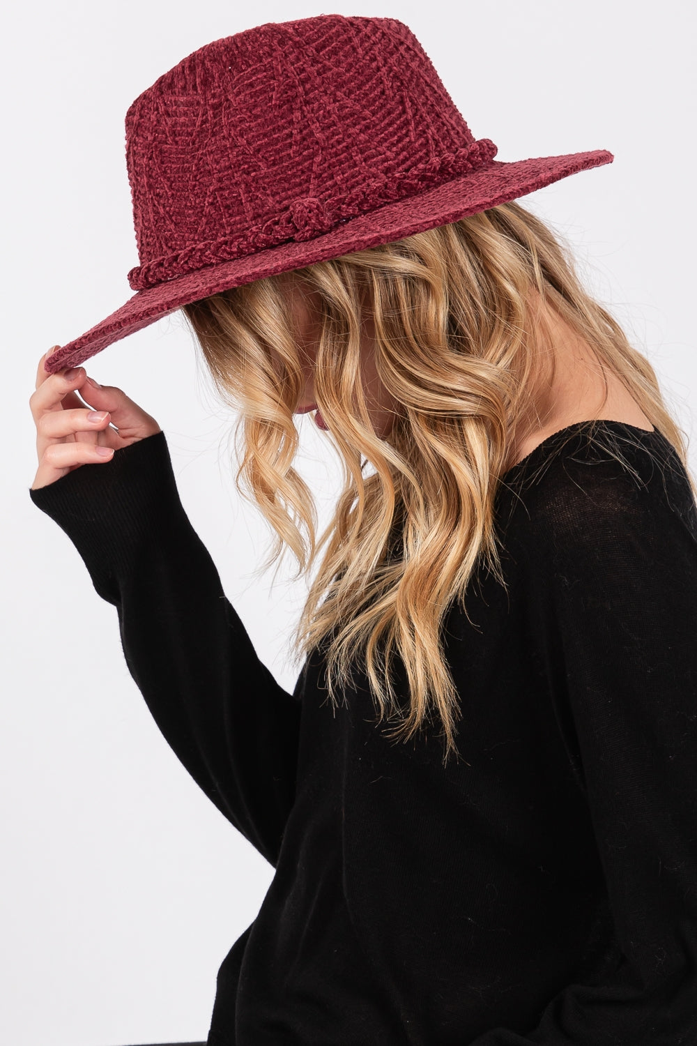 Burgundy Chenille Pattern Fedora Hats with Braided Band - Pack of 6