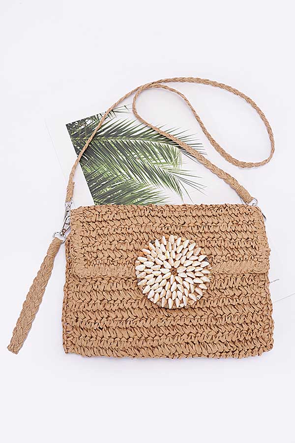 Pack of 3 Faux Straw Multi Shell Front Flap Khaki Clutches - 9026