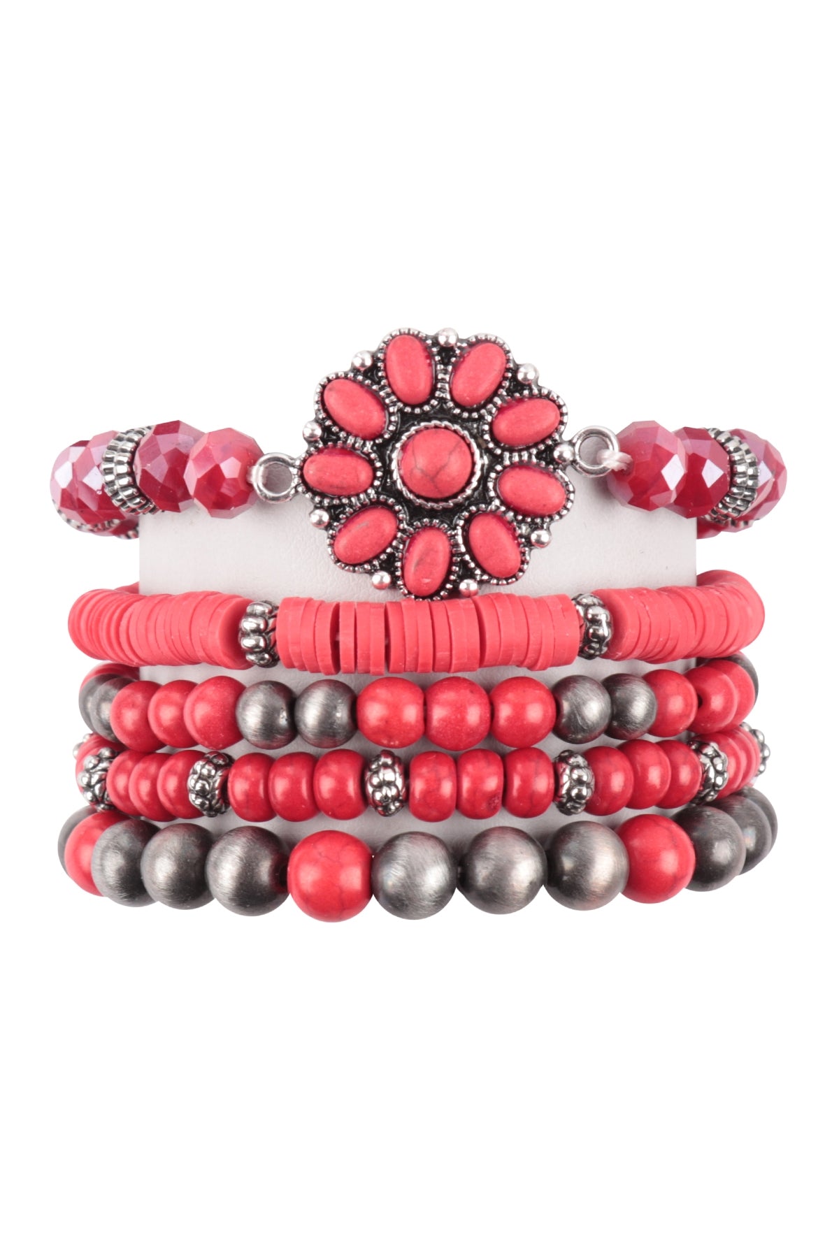 Pack of 6 Red 5-Line Western Concho Flower Stone Fashion Bracelets