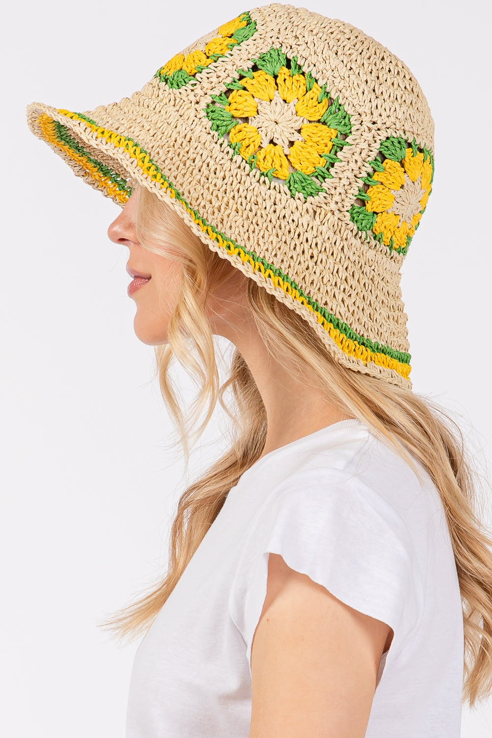 Yellow Floral Crochet Straw Material Bucket Hat - Set of Six Pieces