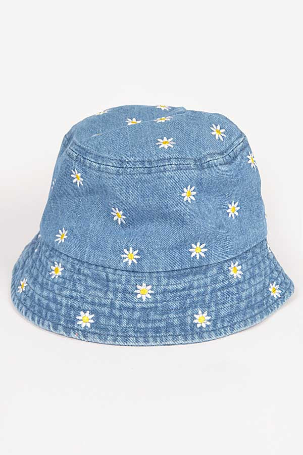 Pack of 6 Medium-Sized 5871 Blue Denim Flower Embroidery Bucket Hats