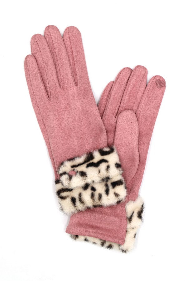 Set of 6 Pink 4800 Leopard Faux Fur Cuff Smart Touch Gloves