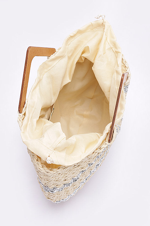 Set of 3 Handmade Faux Straw Metallic Stripe Wooden Handle Bags in Ivory Color (2511)