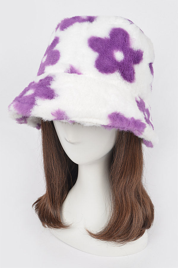 Pack of 6 Faux Fur Printed Purple Bucket Hats - Style 4271