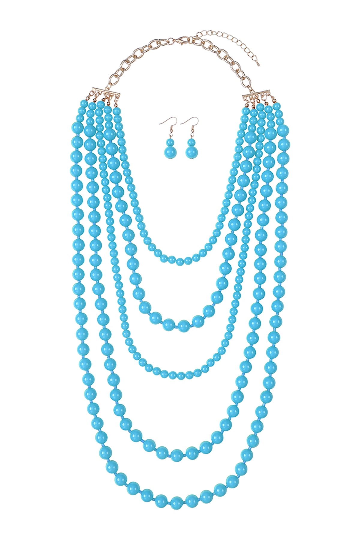 Turquoise Multi - Layered Glass Stone Beads Necklace and Earrings Jewelry Set - Pack of 6