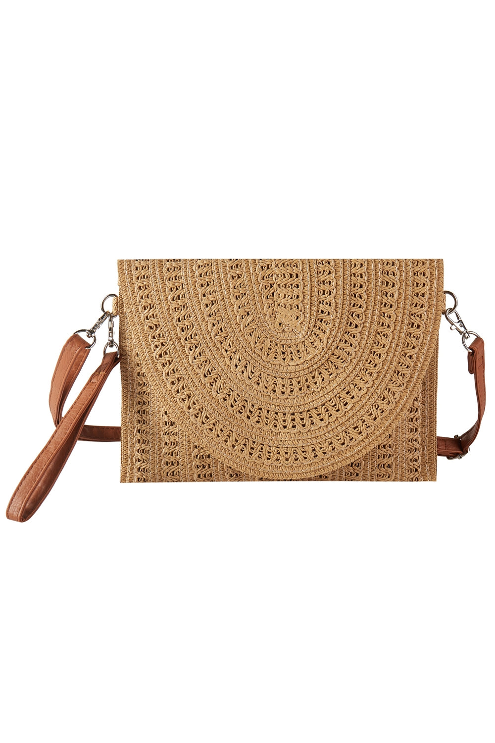 Taupe Woven Pattern Straw Handheld and Crossbody Clutch Bags - Pack of Six