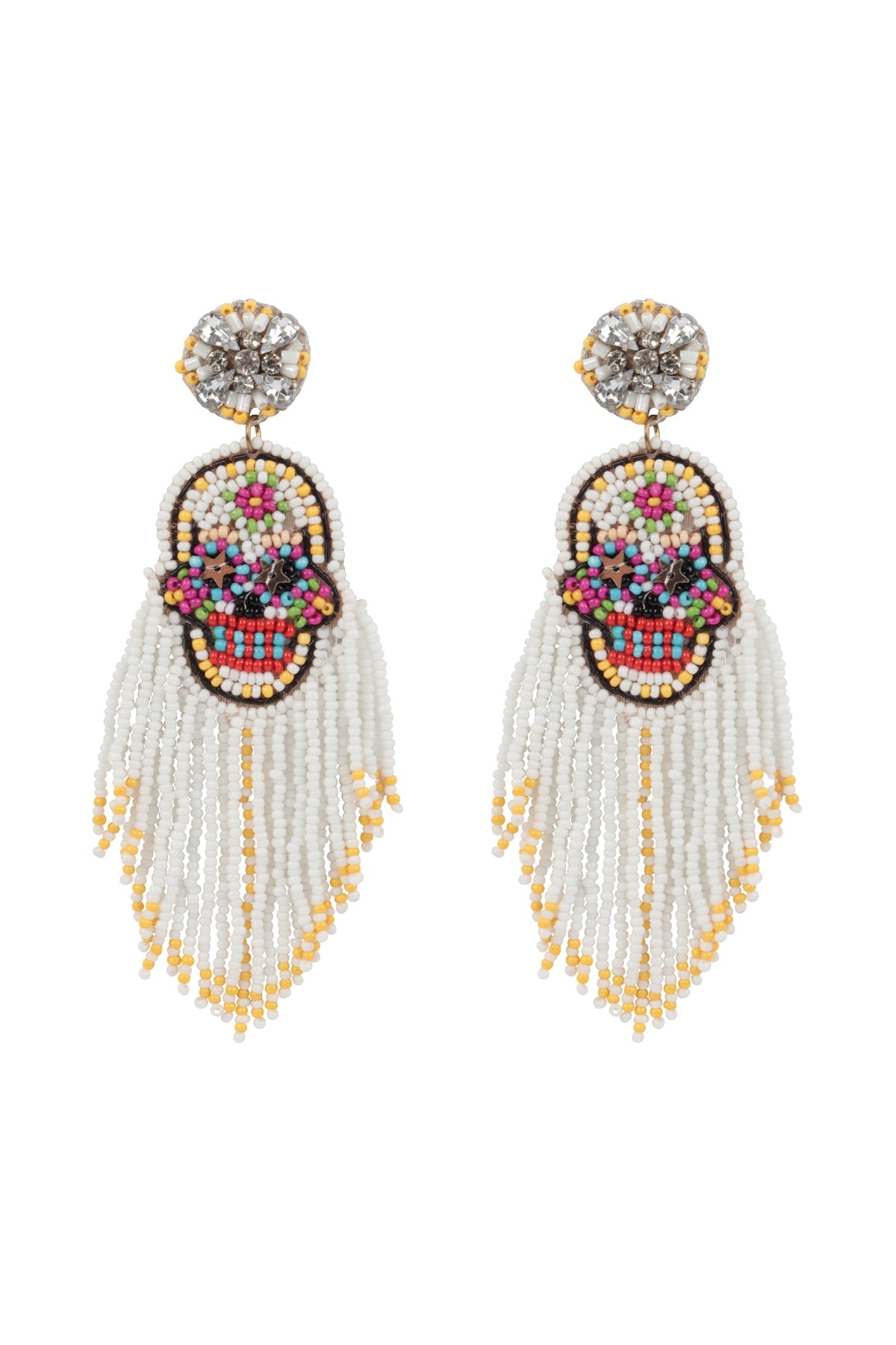 White Halloween-themed Skull Seed Beads Fringe Post Earrings - Pack of Six Pieces