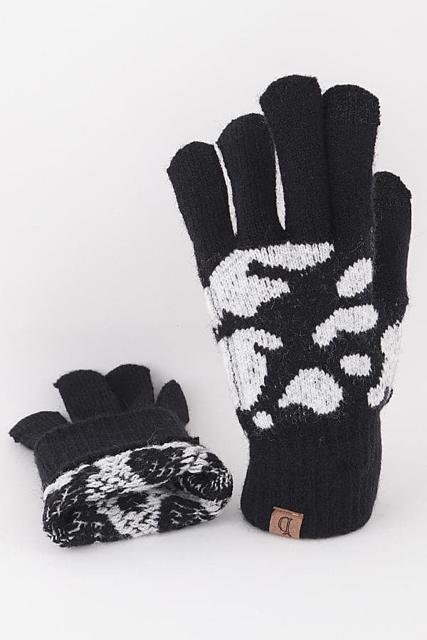 Pack of 6 Black Cow Print Winter Gloves - 070021