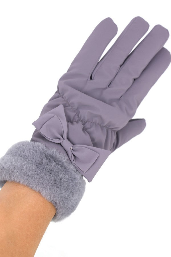 Pack of 6 Gray 6700 Bow and Faux Fur Cuff Smart Touch Fleece Gloves