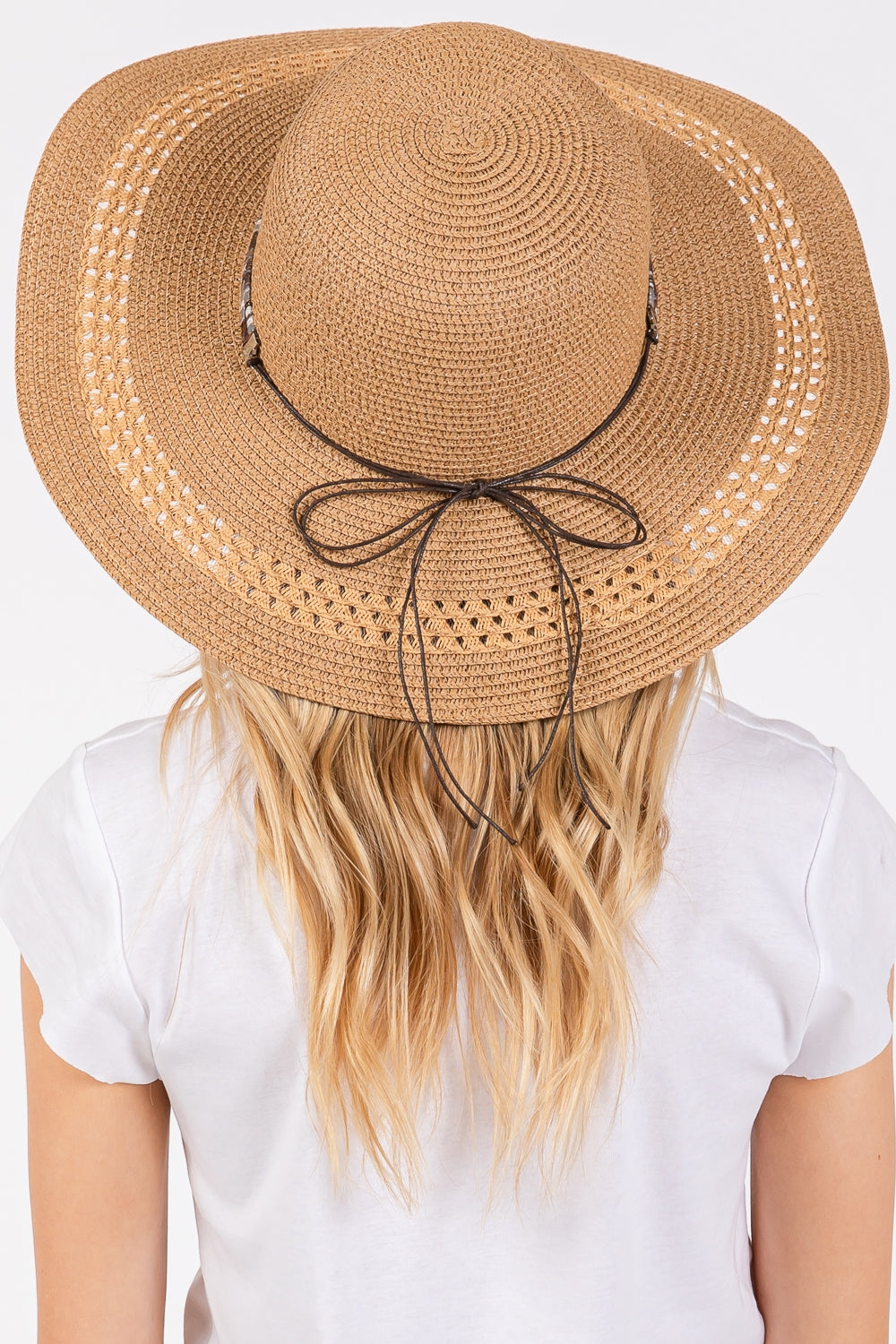 Fashionable Wide Brim Straw Hat with Evil Eye and Multi - Patterned Band in Taupe Color - Set of Six