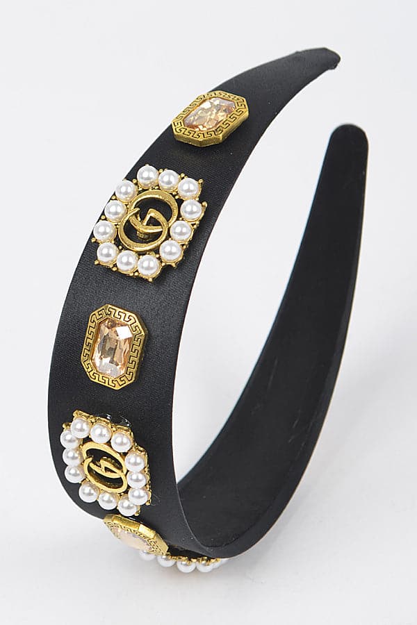 Black Plastic Hairband Set with Imitation Gemstones - Pack of 6