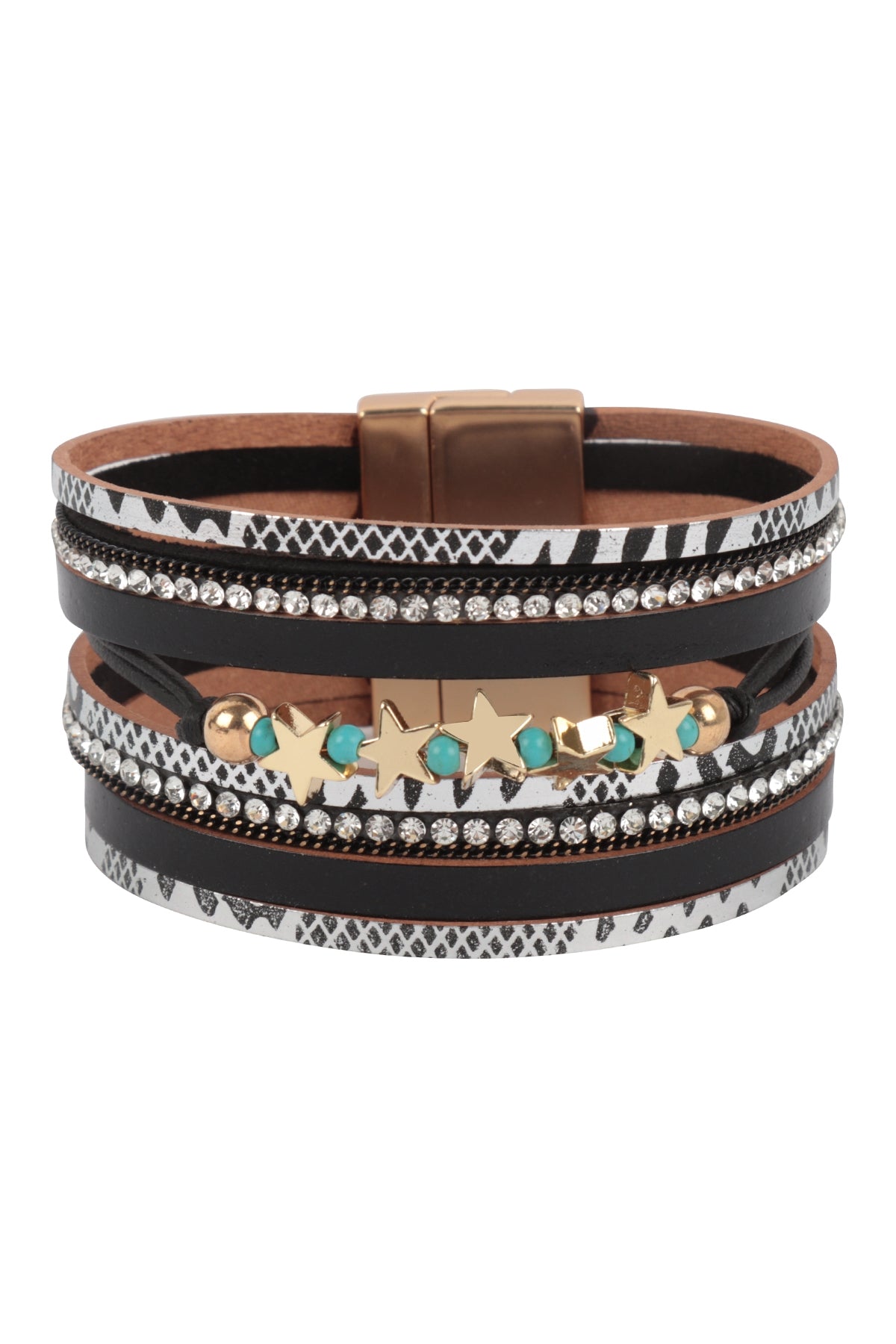 Black Snake Print Leather Wrap Bracelet with Star Magnetic Lock - 6 Pack