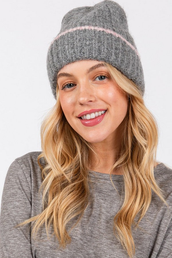 6-Pack of 7710 Charcoal Two-Tone Line Detail Beanies