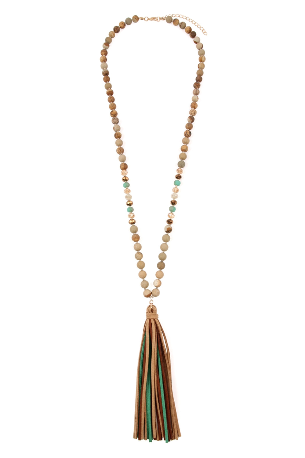 Pack of 6 Light Brown Colorful Natural Stone and Glass Beads Tassel Necklaces - Fashion Jewelry Accessory