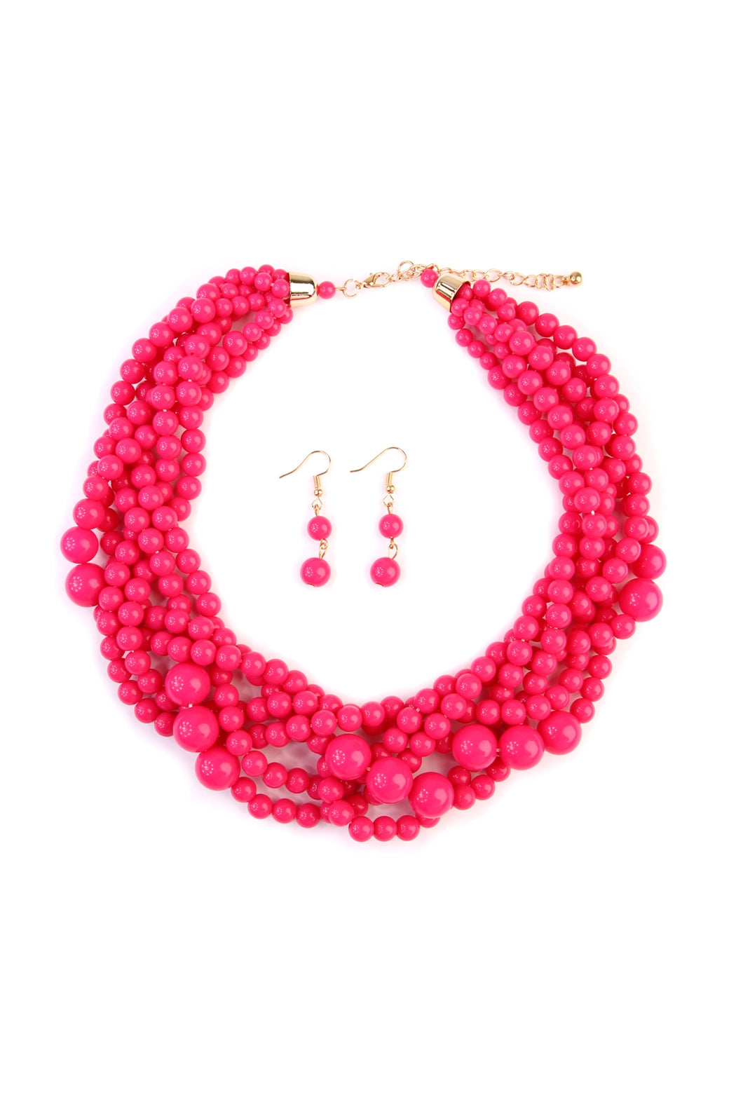 Fashionable Hot Pink Multi - Strand Bubble - Style Choker Necklace and Earring Jewelry Set - Pack of Six Pieces