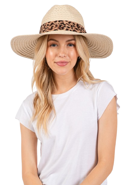 Beige Leopard Band Straw Sun Hats - Set of 6 for Casual Outdoor Wear