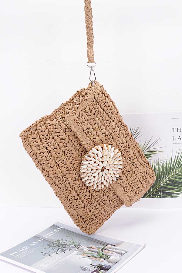 Pack of 3 Faux Straw Multi Shell Front Flap Khaki Clutches - 9026