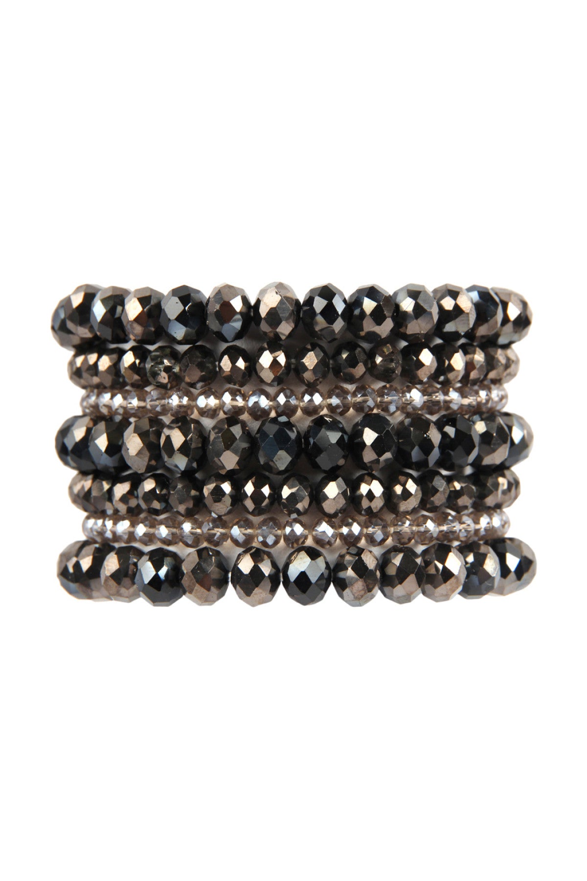 Pack of 6 Black Hematite Seven - Strand Glass Bead Stretch Bracelets