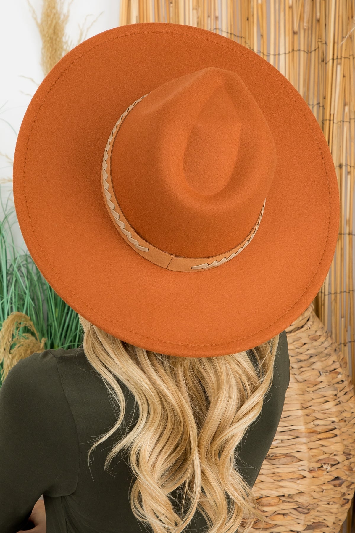 Fashionable Felt Brimmed Hat with Leather Braided Design in Camel Color - Pack of Six Pieces