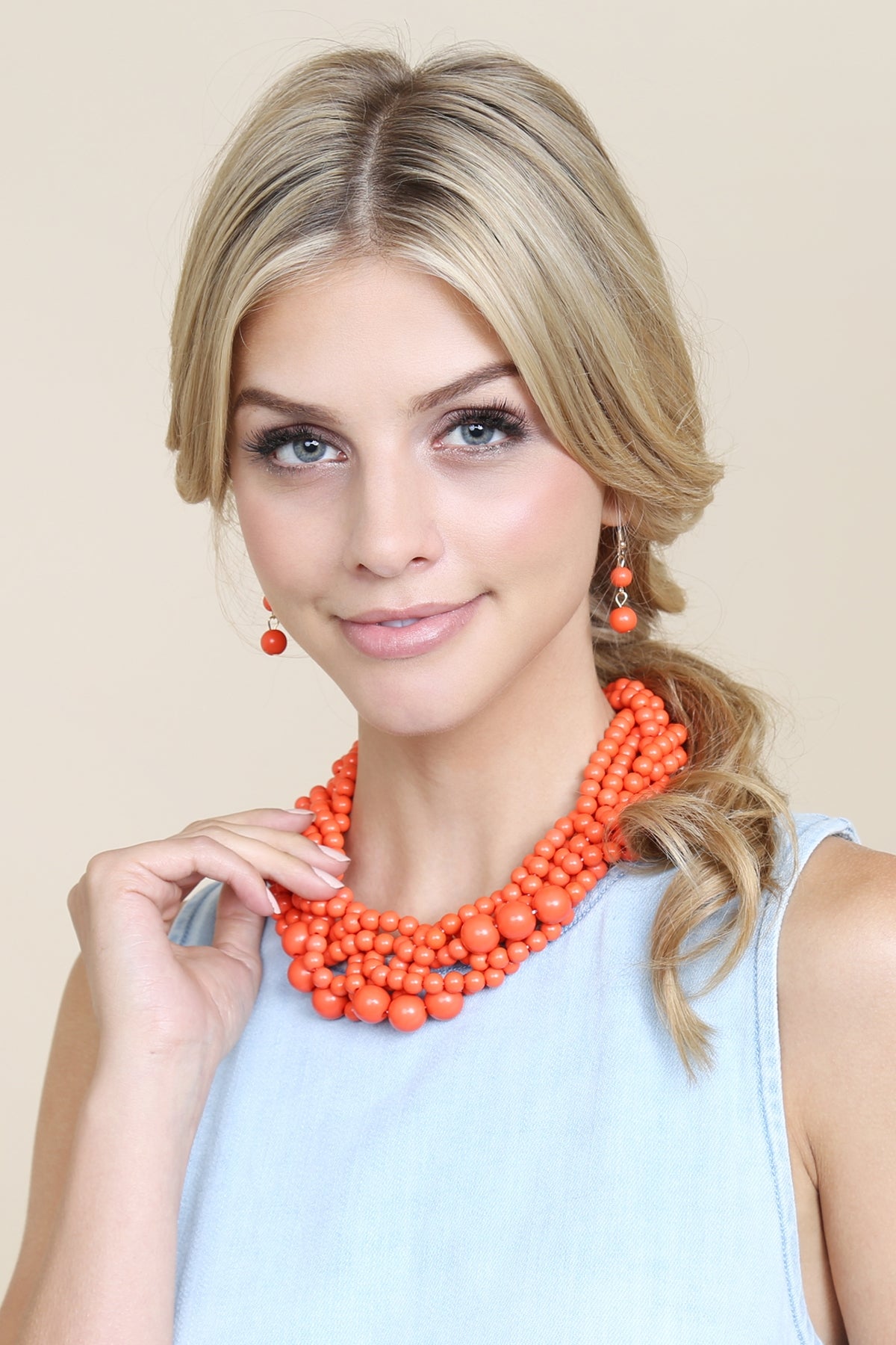 Fashionable Coral Multi - Strand Bubble Choker Necklace and Earring Jewelry Set - Pack of Six Pieces