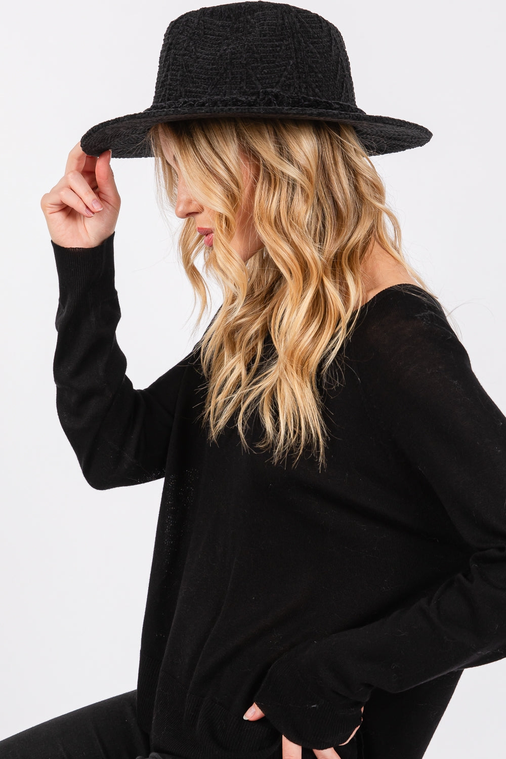 Black Chenille Pattern Fedora Hats with Braided Bands - Pack of Six Stylish Headwear