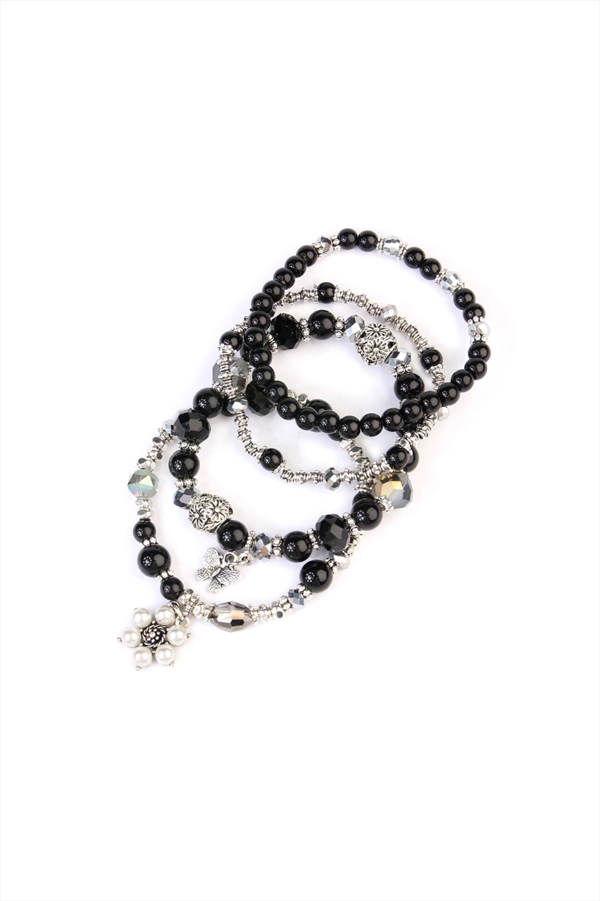 Classy Stackable Black Butterfly and Pearl Bracelet Set - Pack of Six Pieces