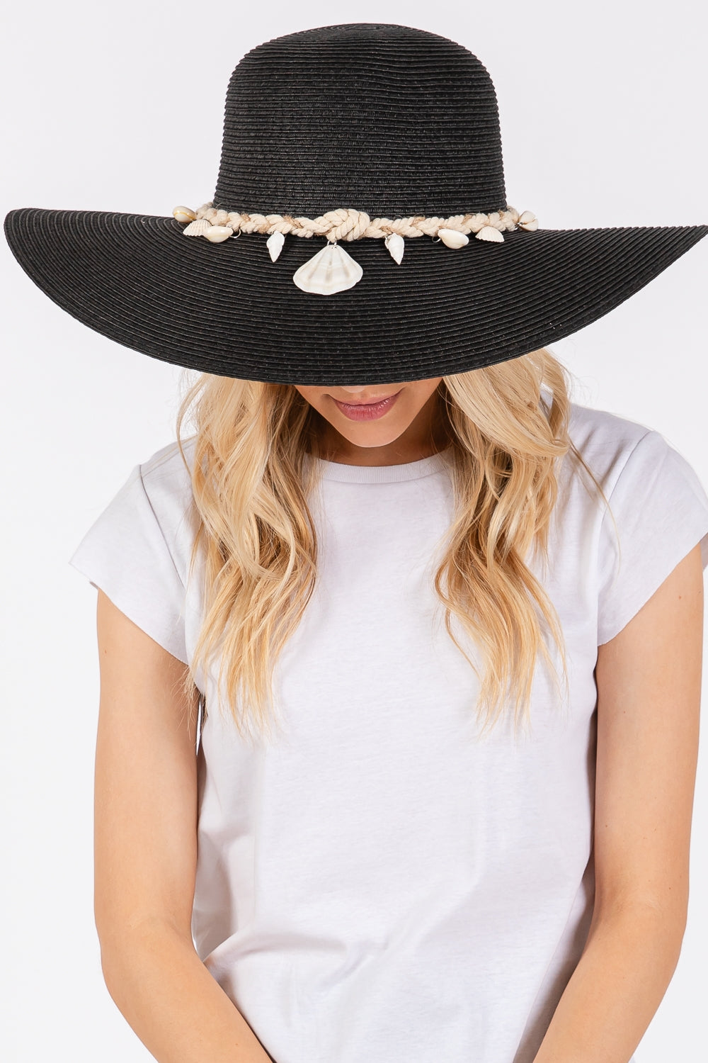 Pack of 6 Black Wide-Brimmed Straw Sun Hats with Shell and Conch Braided Bands for Summer