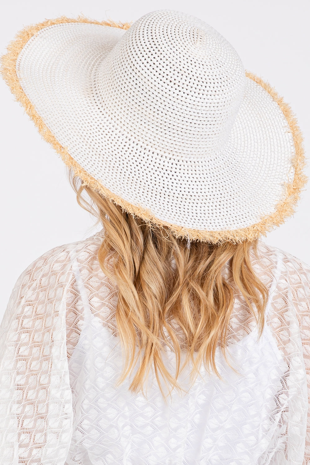 White Frayed Edge Floppy Straw Hats - Pack of Six Fashionable Headwear