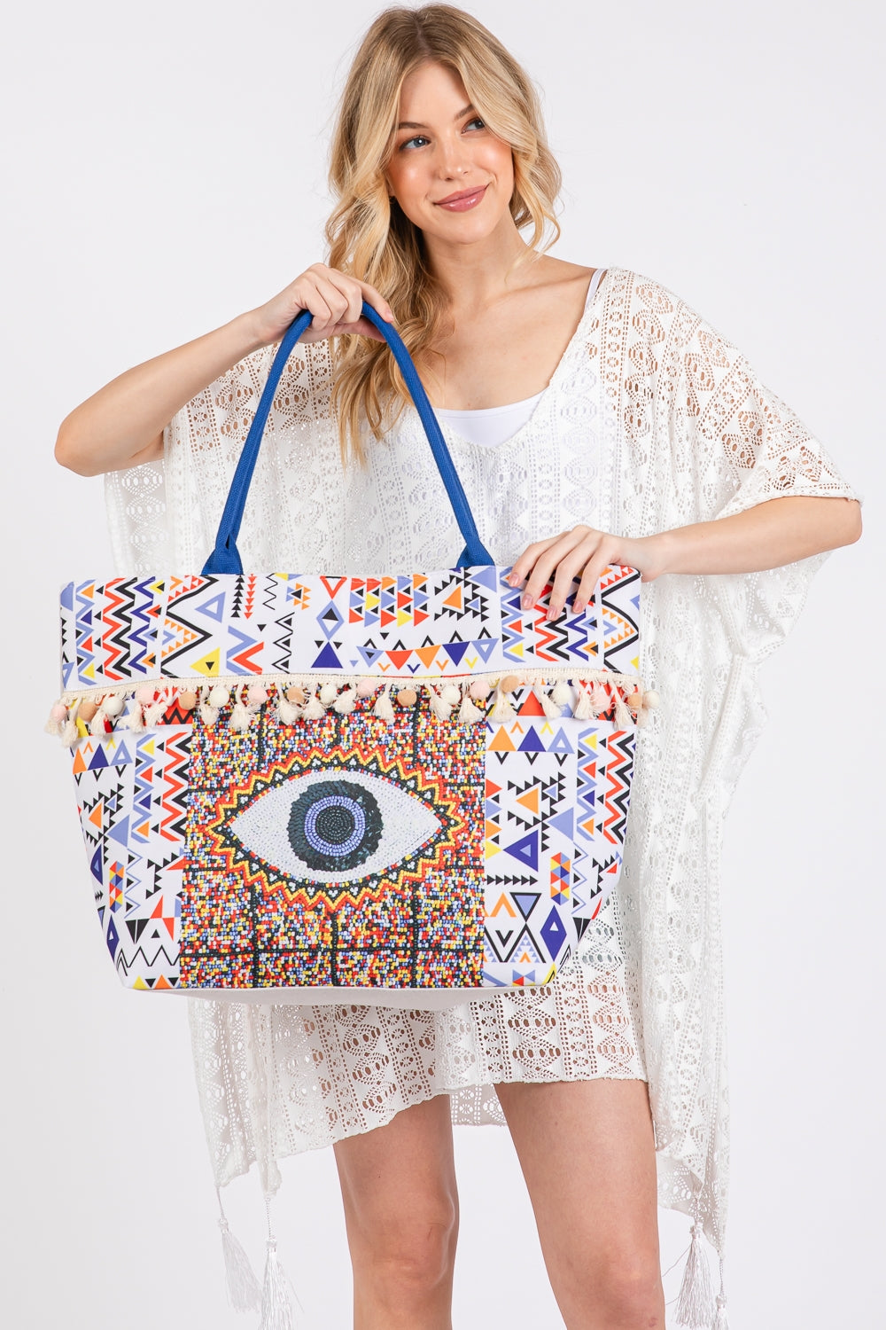 Blue Evil Eye Bohemian Print Pom Pom Fringe Tote Bag with Zipper Closure and Inner Pocket - Set of 6 Pieces