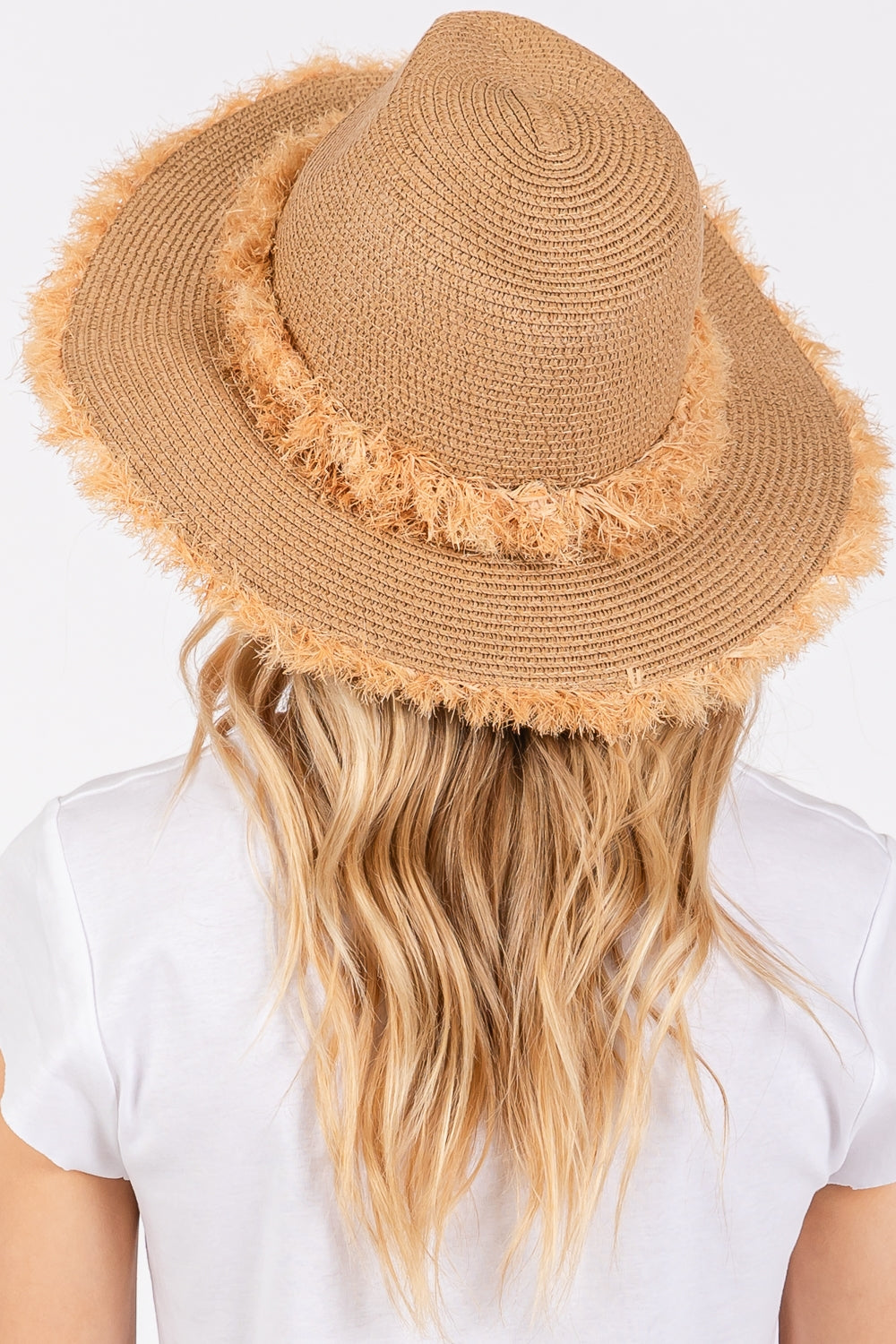 Taupe Frayed Band and Trim Straw Style Sun Hat - Set of 6 for Outdoor Wear