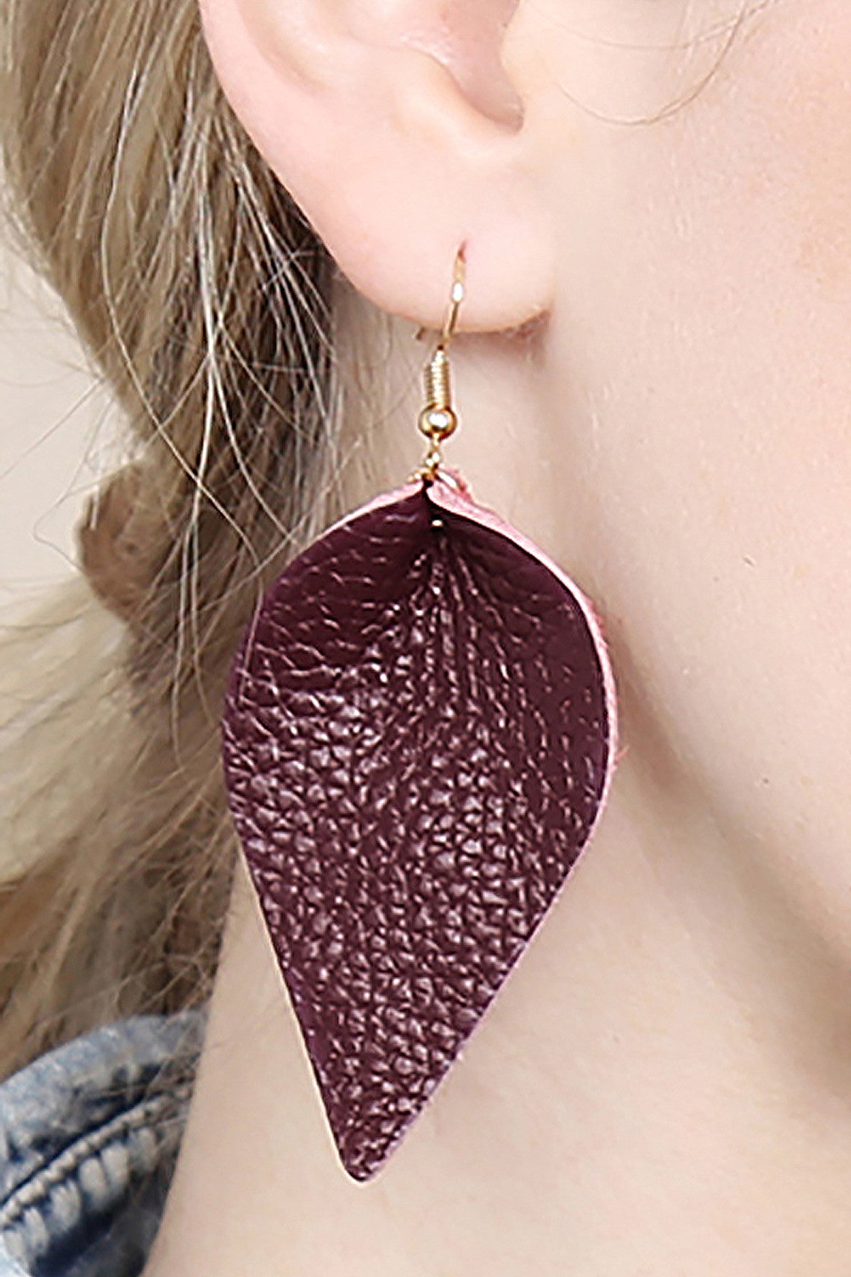 Set of 6 Burgundy Pinched Genuine Leather Teardrop Earrings