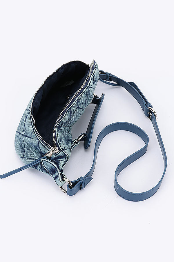 Set of 3 Dark Blue Quilted Washed Denim Crossbody Bags - 0388