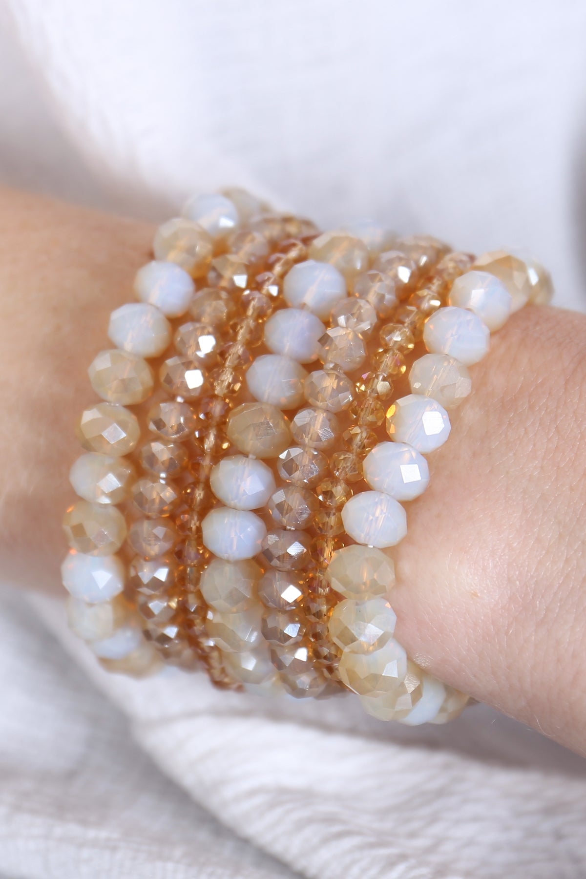 Pack of 6 Light Brown Glass Beads Stretch Bracelets with Seven Lines