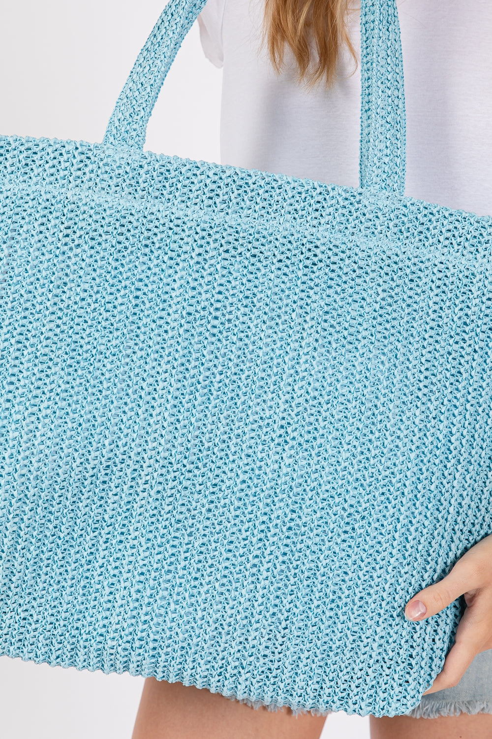 Blue Solid Crochet Straw Bags with Zipper Closure and Inner Pocket - Set of 6