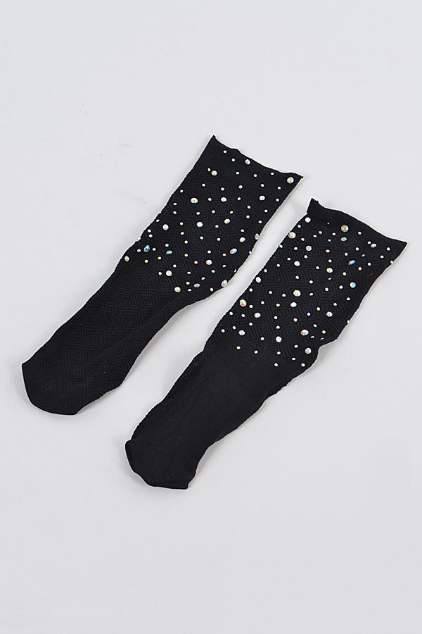 Set of 6 Black Rhinestone Mesh Socks - Style 9738