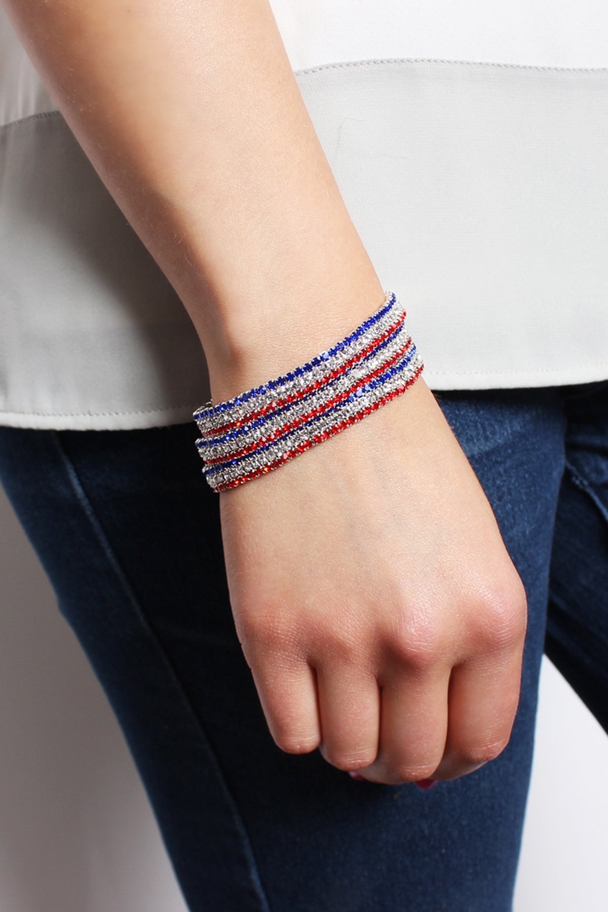 Pack of 6 Flag 3-Line Elastic Bracelets with Rhinestones