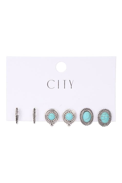 Set of 6 Turquoise Natural Stone Textured 3 - Piece Earrings