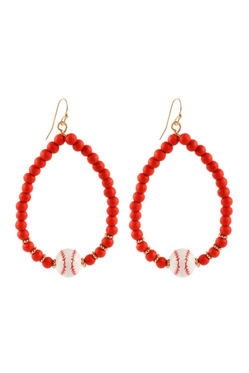 Red Baseball Sports Gameday Wood Bead Teardrop Fish Hook Style Earrings - Set of Six Pieces